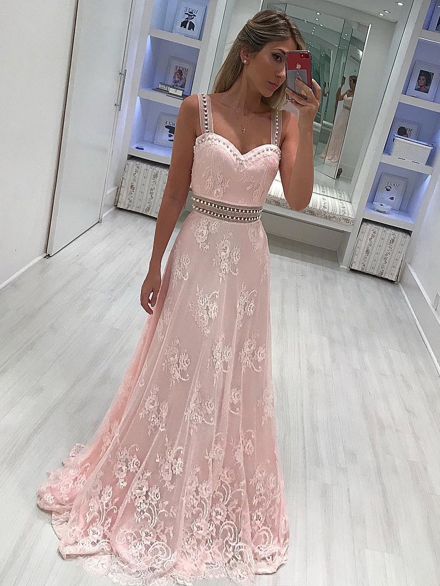 Elegante Abendkleider Lang Spitze Rosa Ballkleider Online