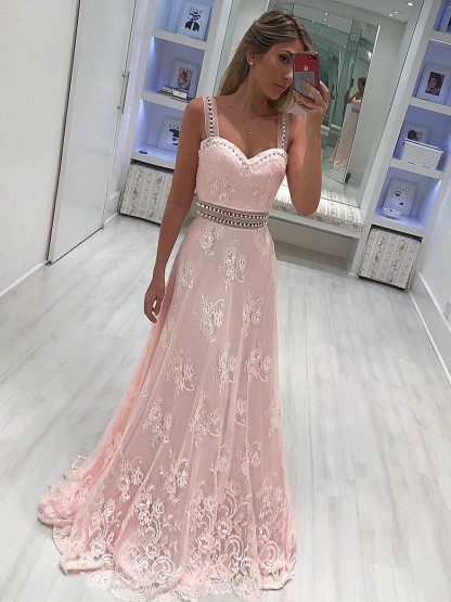 Elegante Abendkleider Lang Spitze Rosa Ballkleider Online