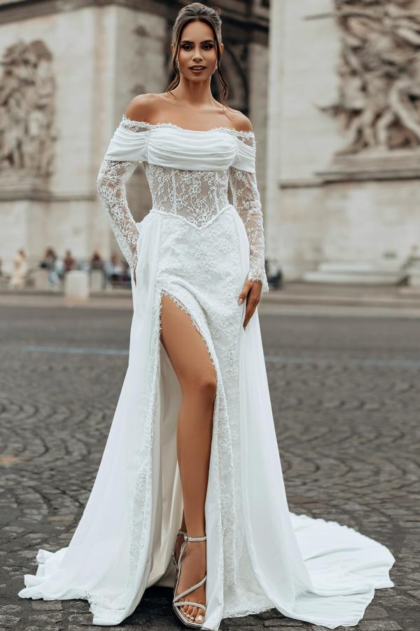 Schöne Brautkleider A Linie Boho Standesamt Hochzeitskleider Spitze Ärmel-Misshow.de