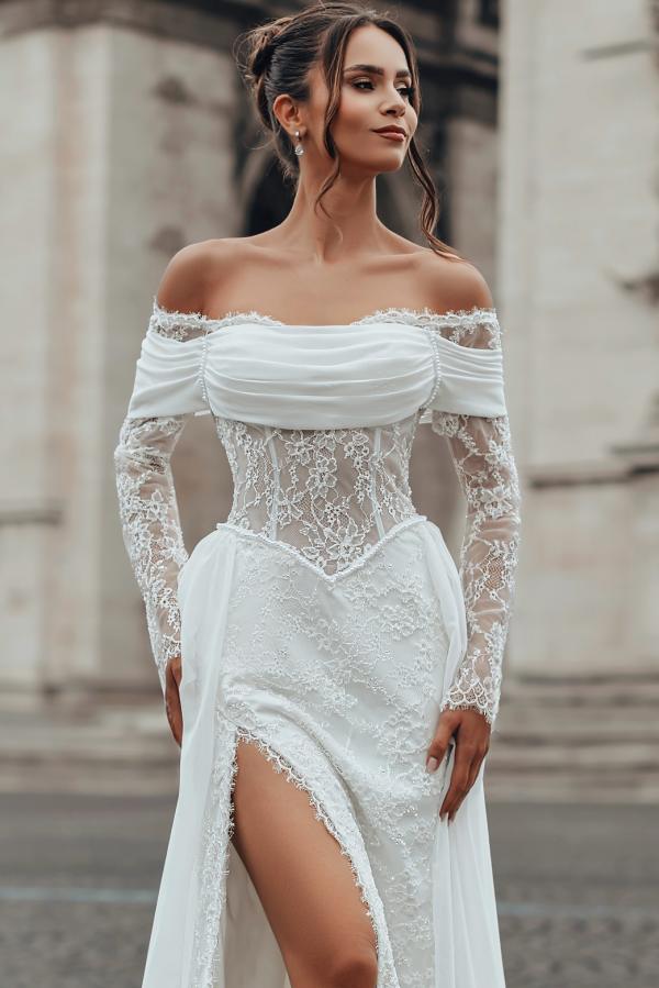 Schöne Brautkleider A Linie Boho Standesamt Hochzeitskleider Spitze Ärmel-Misshow.de