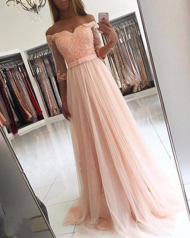 Elegante Abendkleider Lang Rosa Mit Ärmel Abendmoden Spitze Günstig