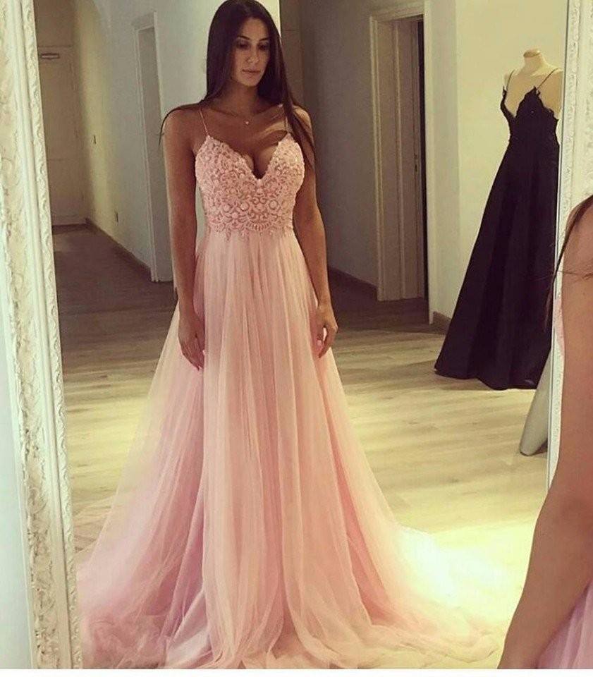 Rosa Abendkleider Spitze Spaghetti Träger A Line Tulle Abendmoden Abiballkledier