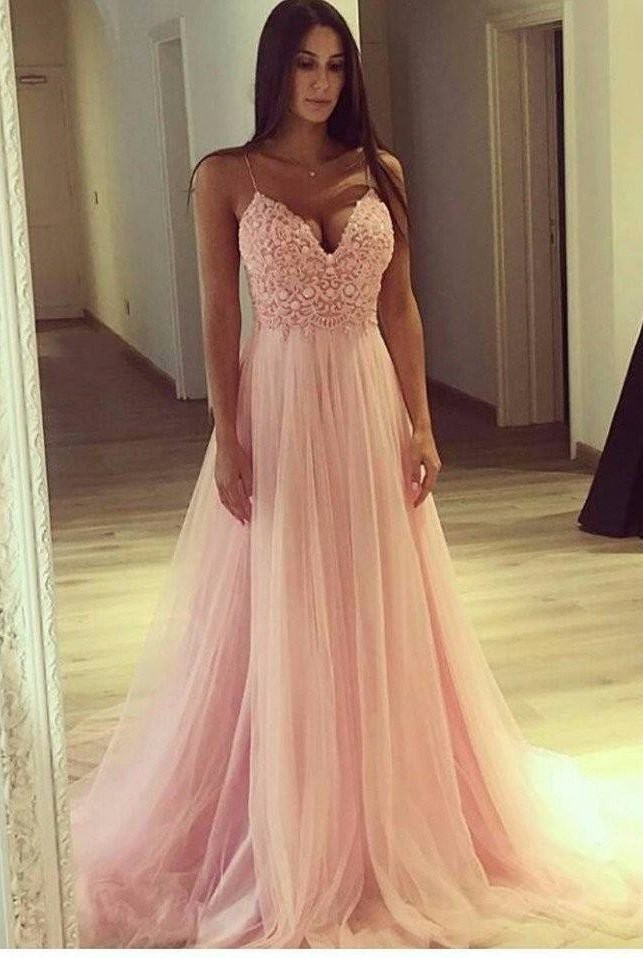 Rosa Abendkleider Spitze Spaghetti Träger A Line Tulle Abendmoden Abiballkledier