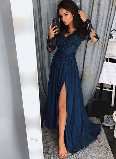 Elegante Abendkleider Mit Ärmel Mit Spitze Abiballkleider Lang Günstig Online-Misshow.de