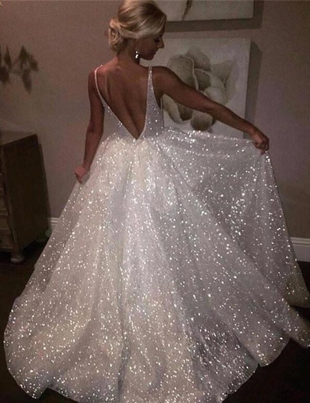 Elegante Abendkleider Lang Weiß Pailletten A Line Abiballkleider Günstig Online-Misshow.de