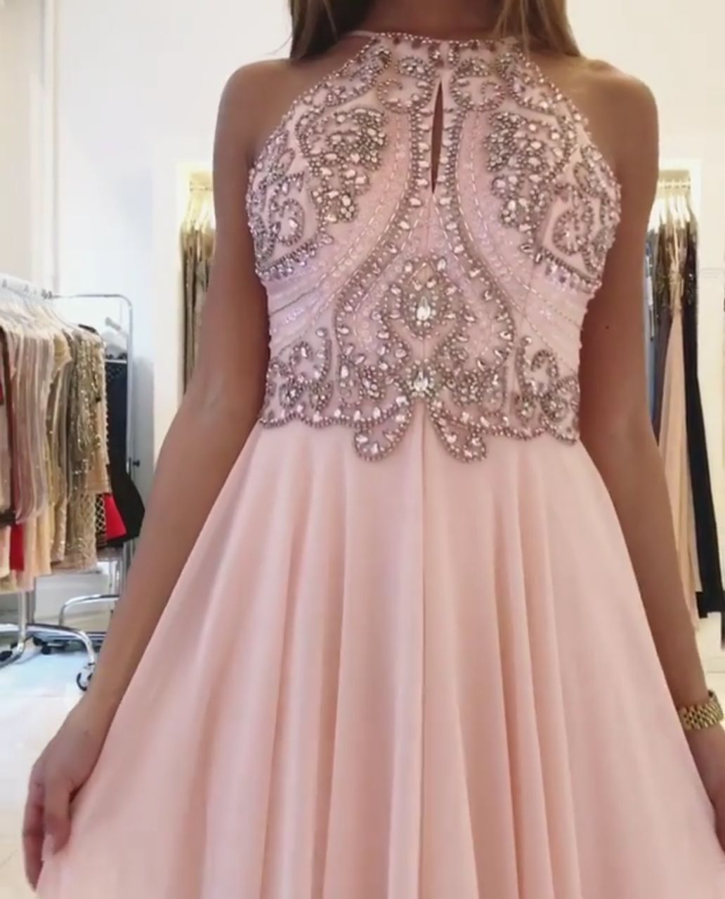 Rosa Chiffon Long Abendkleider Mit Perlen Etuikleid Abiballkleider Günstig