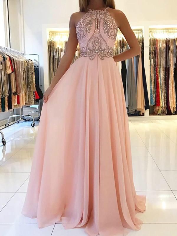 Rosa Chiffon Long Abendkleider Mit Perlen Etuikleid Abiballkleider Günstig