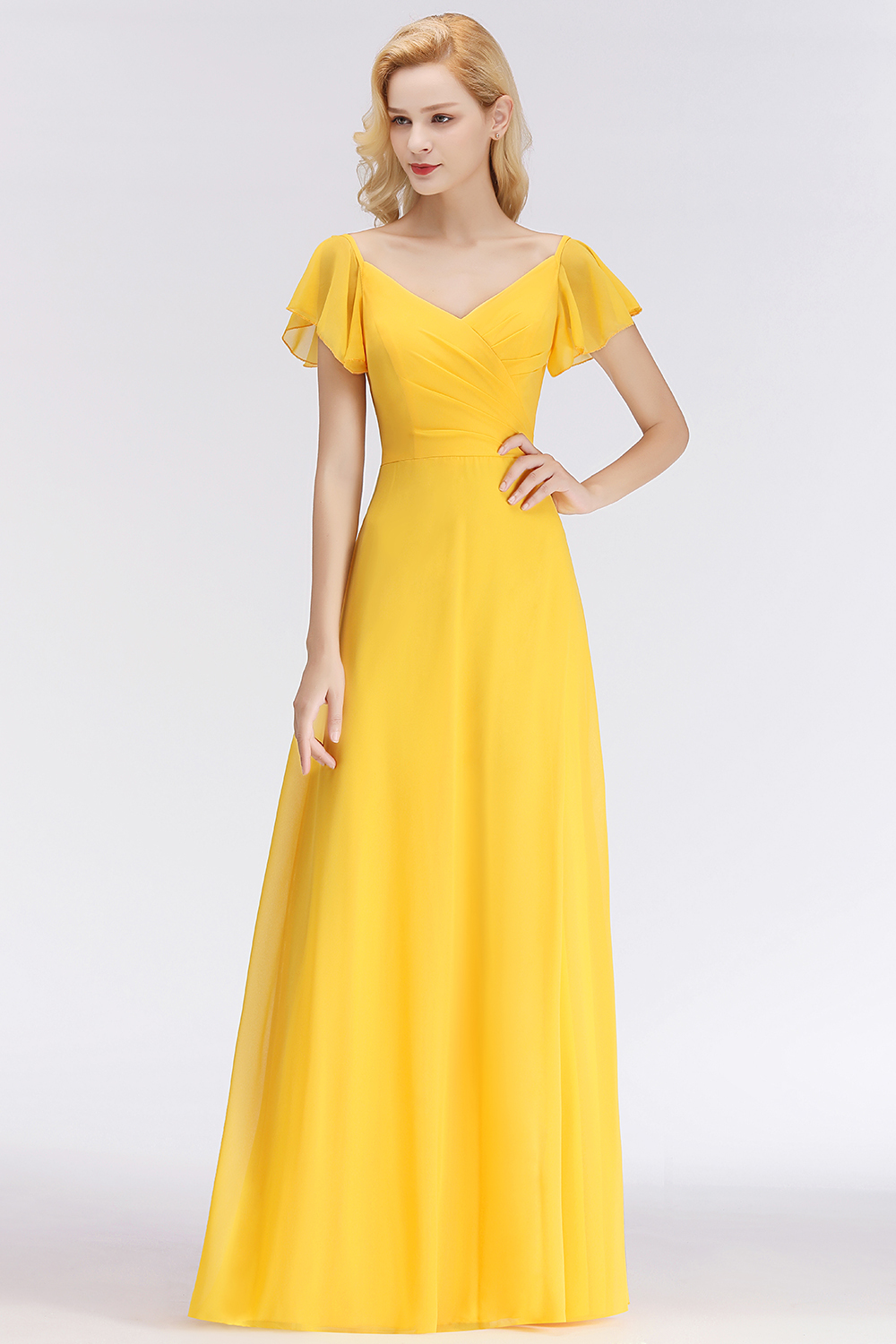 Vintage Brautjungfernkleider Lang Chiffon Brautjungfer Kleid Gelb