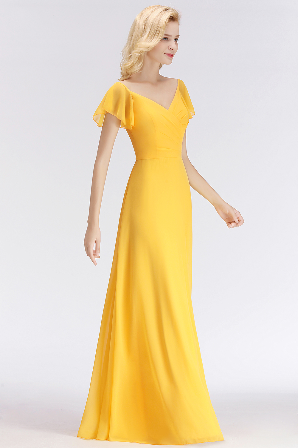 Vintage Brautjungfernkleider Lang Chiffon Brautjungfer Kleid Gelb