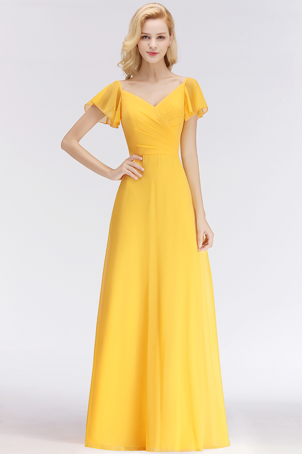 Vintage Brautjungfernkleider Lang Chiffon Brautjungfer Kleid Gelb