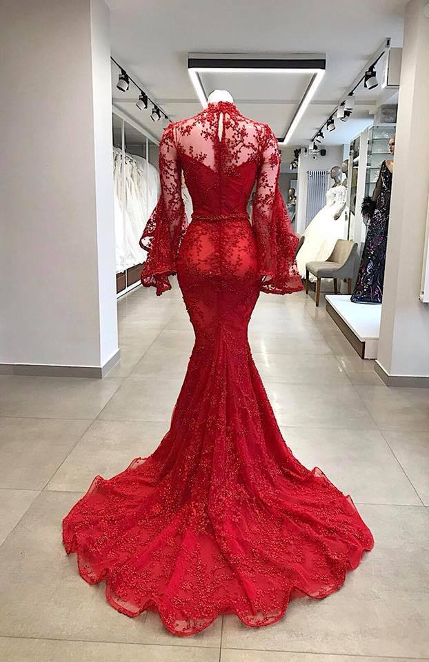 Elegante Abendkleider Rot Spitze | Abiballkleider Lang Mit Ärmel