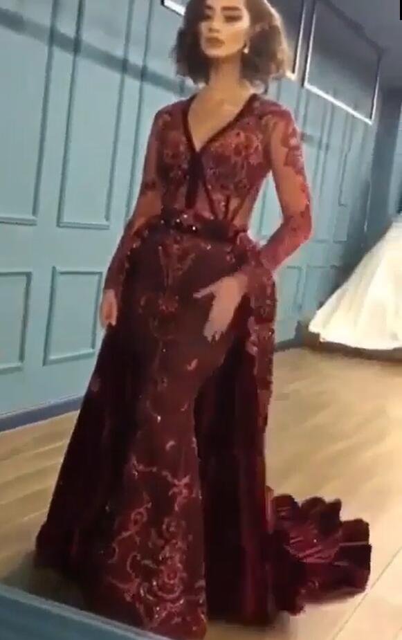 Burgundy Abendkleider mit Ärmel | Velvet Abendkleid Günstig Online