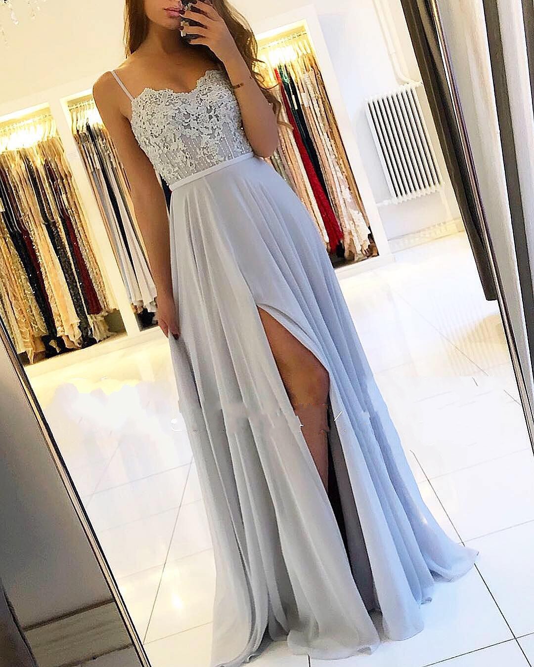 Sexy Silber Abendkleider Lang Chiffon | Abendkleid Mit Spitze Online-Misshow.de