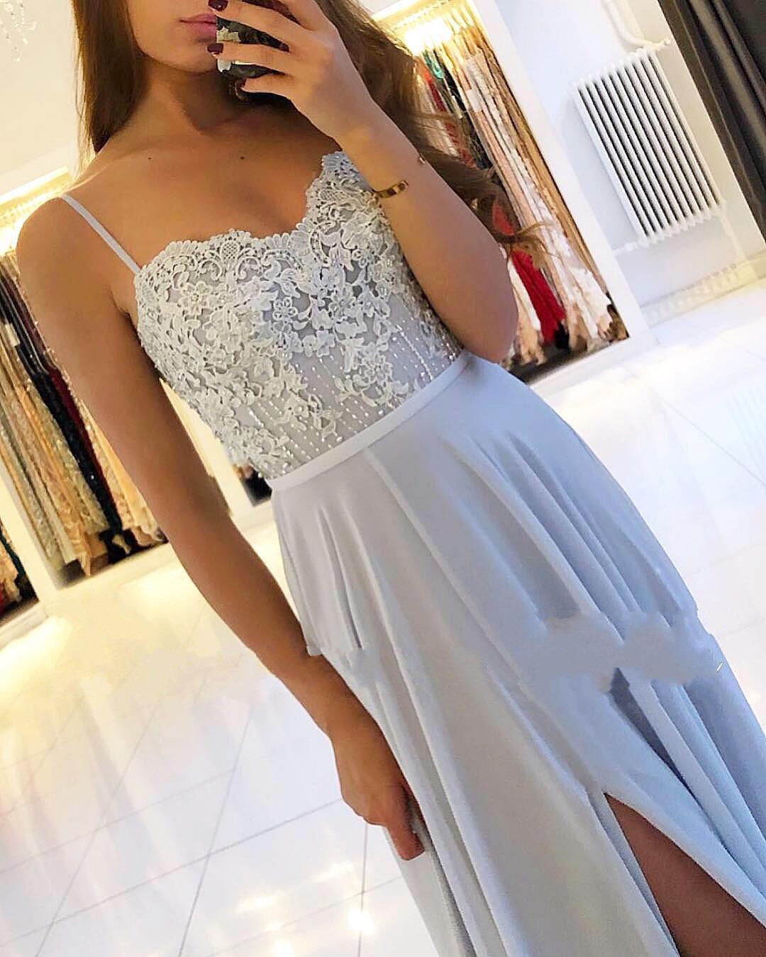 Sexy Silber Abendkleider Lang Chiffon | Abendkleid Mit Spitze Online-Misshow.de