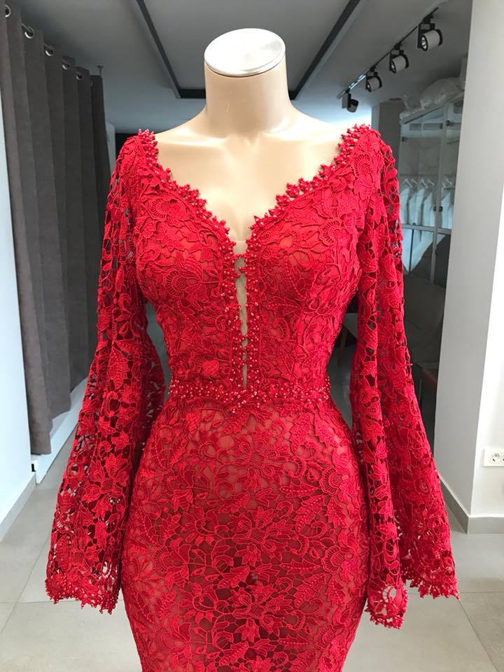 Fashion Abendkleider Lang Rot Spitze | Abendkleid Mit Ärmel