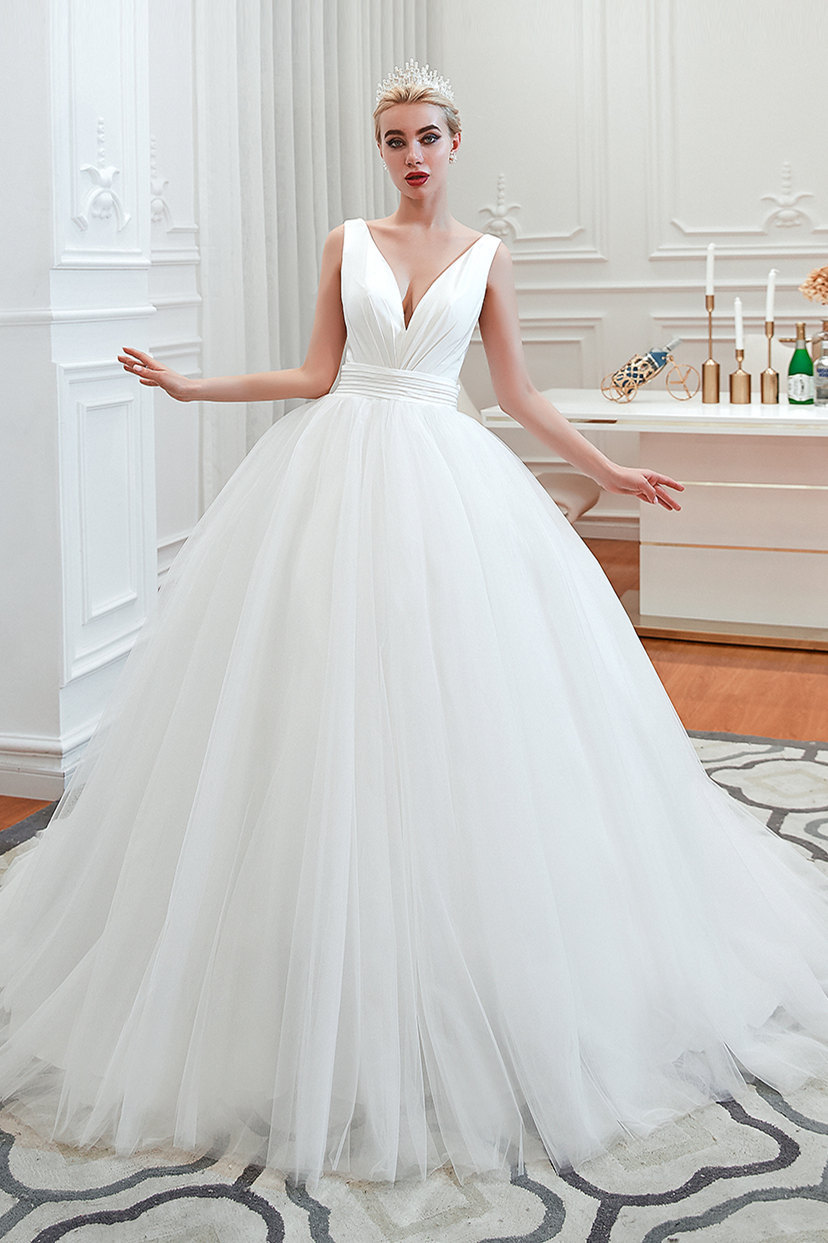 Schlichte Hochzeitskleider Prinzessin Tülle Brautkleid V Ausschnitt