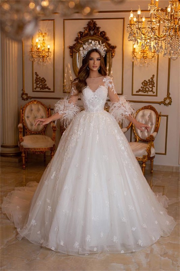 Designer Hochzeitskleider mi Ärmel | Brautkleider A Linie Spitze