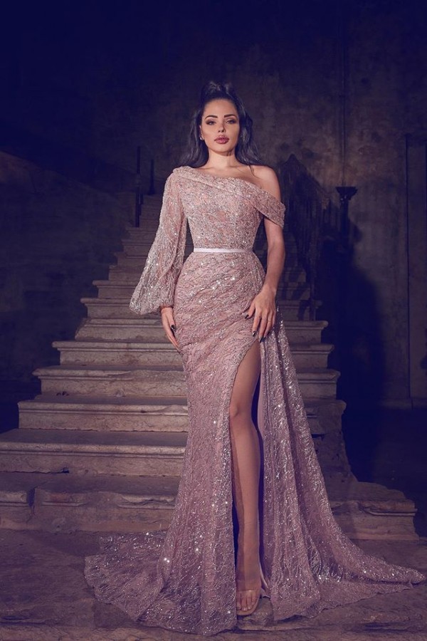 Sexy Abendkleid Lang Mit Ärmel | Spitze Abiballkleider Rosa