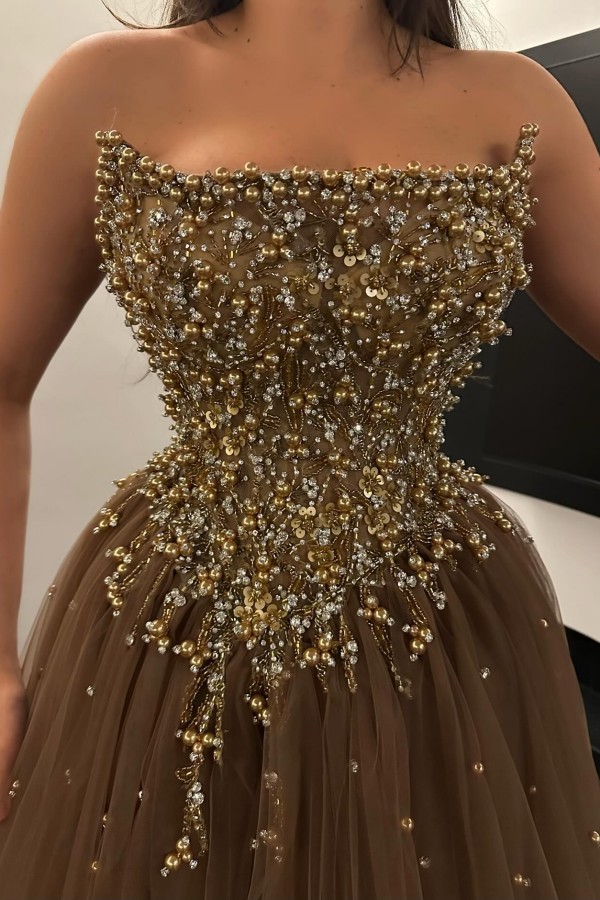 Elegante Abendkleider Lang Braun Tüll Ballkleider Glitzer