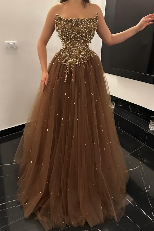 Elegante Abendkleider Lang Braun Tüll Ballkleider Glitzer