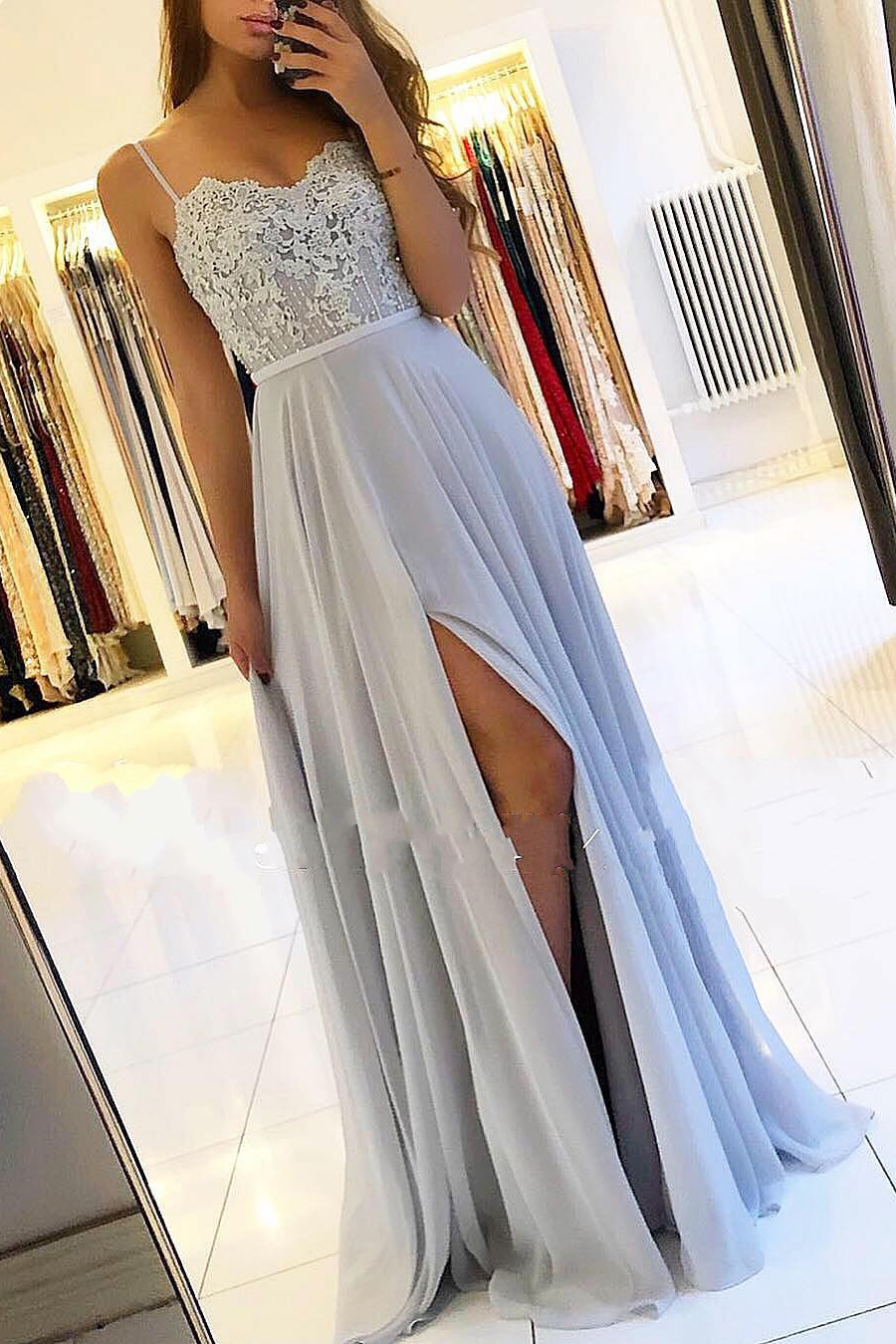 Sexy Silber Abendkleider Lang Chiffon | Abendkleid Mit Spitze Online
