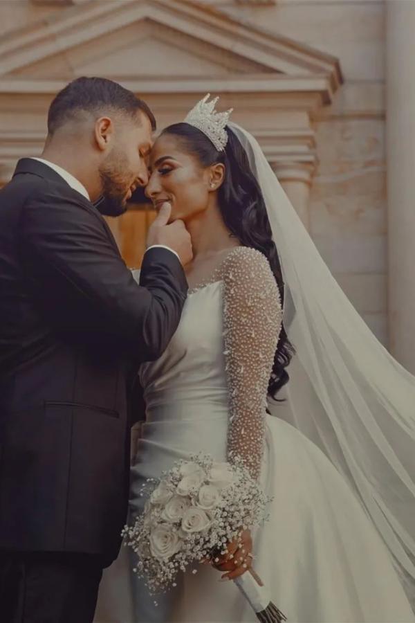 Wunderschöne Hochzeitskleider A Linie | Brautkleider Glitzer mit Ärmel