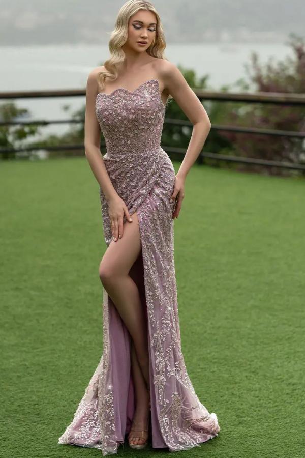 Sexy Abendkleider Lang Alterrosa | Spitze Abiballkleider mit Glitzer-Misshow.de