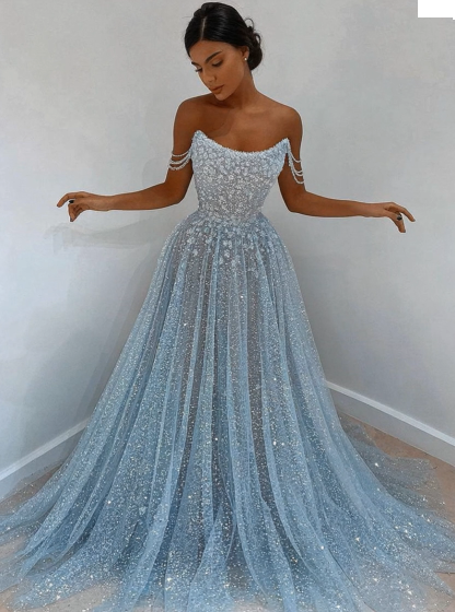 Elegante Abendkleider Lang Glitzer | Abiballkleider Lang Blau