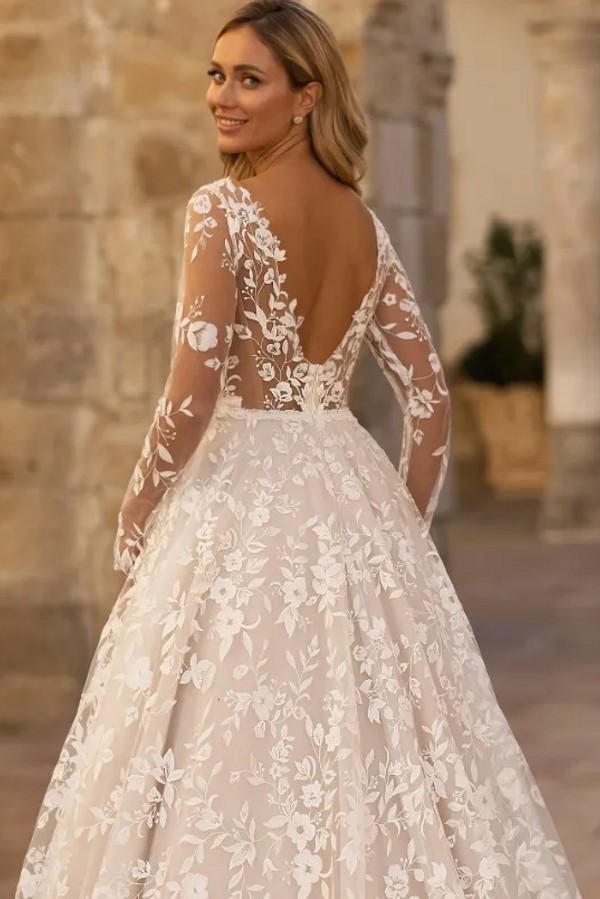 Exclusive Hochzeitskleider V Ausschnitt Spitze Brautkleider Lang Ärmel