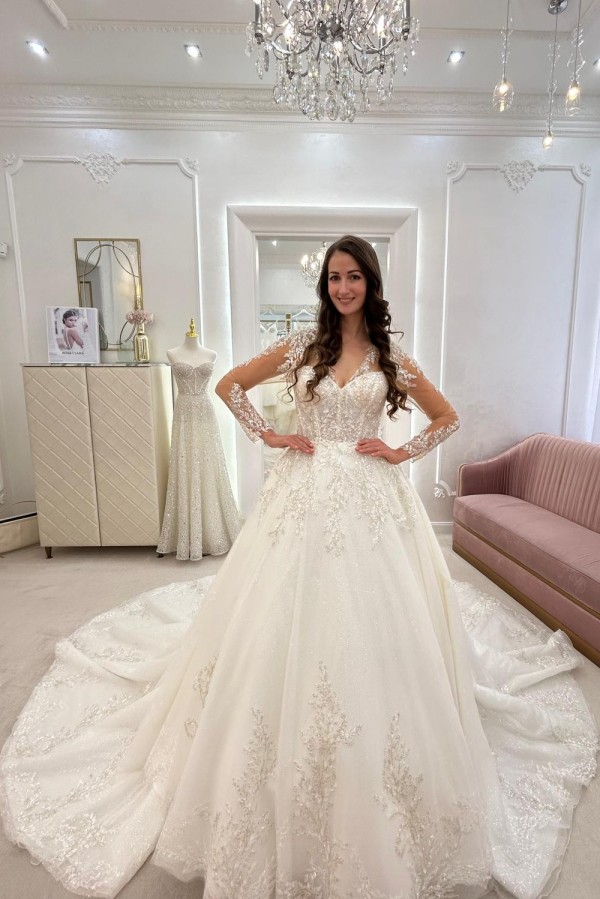Schöne Brautkleider mit Ärmel A Linie Hochzeitskleider Glitzer