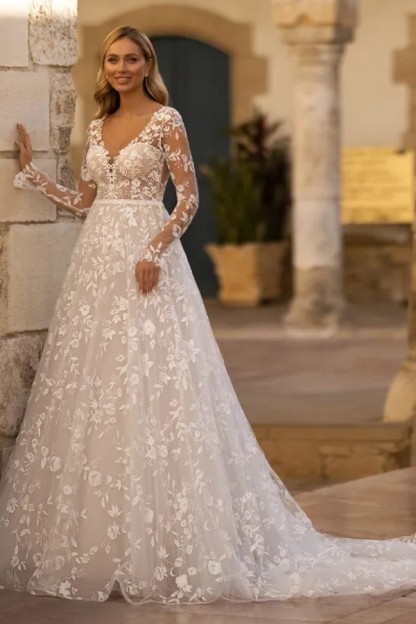 Exclusive Hochzeitskleider V Ausschnitt Spitze Brautkleider Lang Ärmel