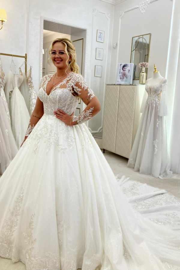 Schöne Brautkleider mit Ärmel A Linie Hochzeitskleider Glitzer