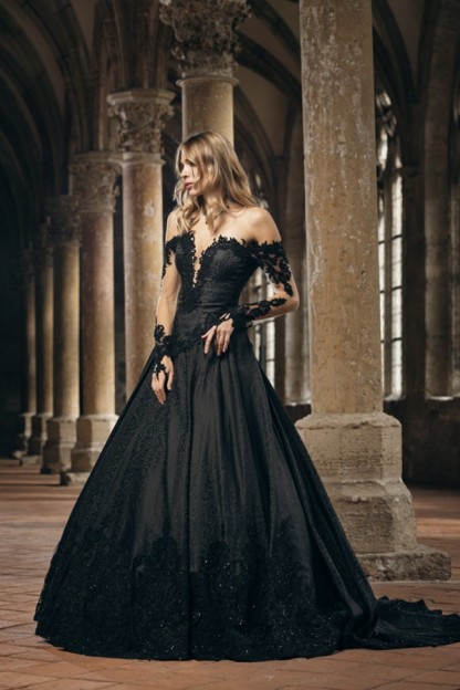 Gothic Hochzeitskleider Schwarz A Linie Brautkleider mit Ärmel
