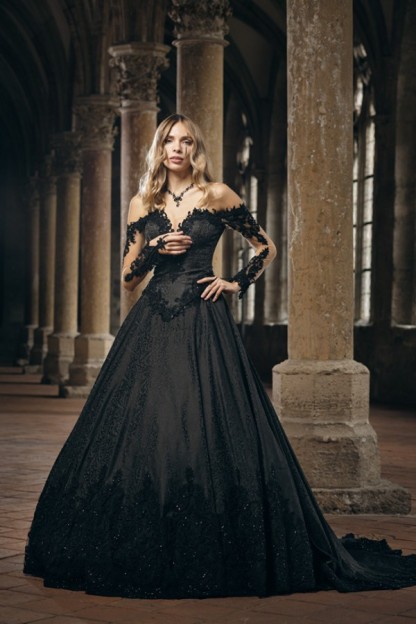 Gothic Hochzeitskleider Schwarz A Linie Brautkleider mit Ärmel