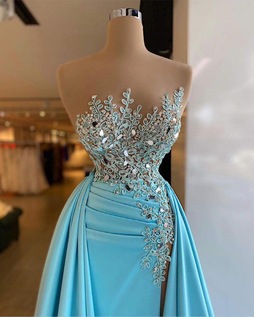 Blaues Abendkleid Lang Günstig | Abiballlkleider mit Spitze-Misshow.de