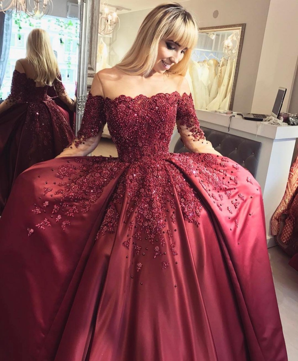 Weinrot Abendkleider Lang Mit Ärmel Prinzessin Kleider Abendmoden Online