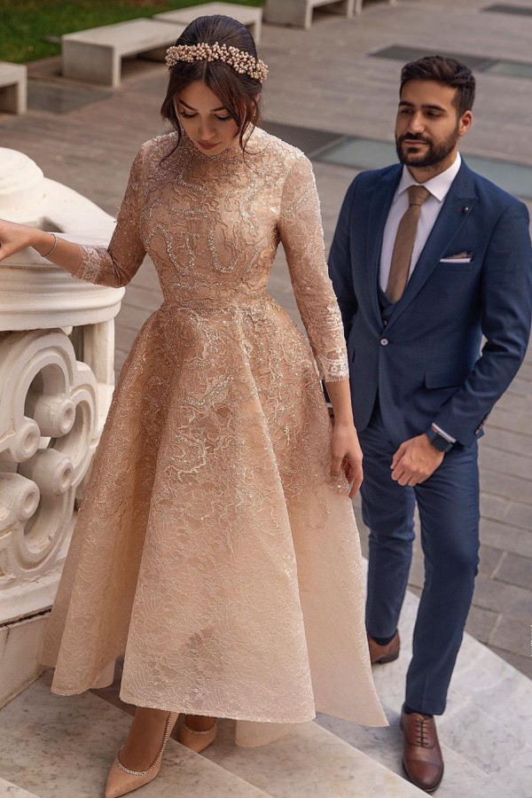Brautkleider A Linie Spitze | Hochzeitskleider Kurz Mit Ärmel-Misshow.de