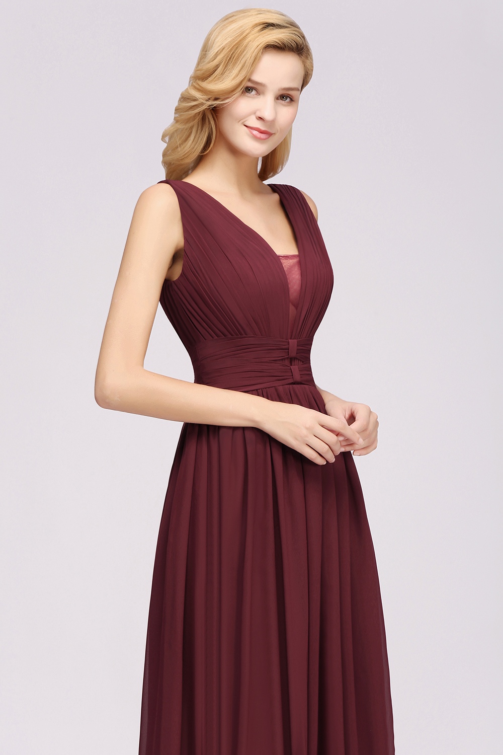 Weinrot Brautjungfernkleider Lang Chiffon | Abendkleider V Auschnitt
