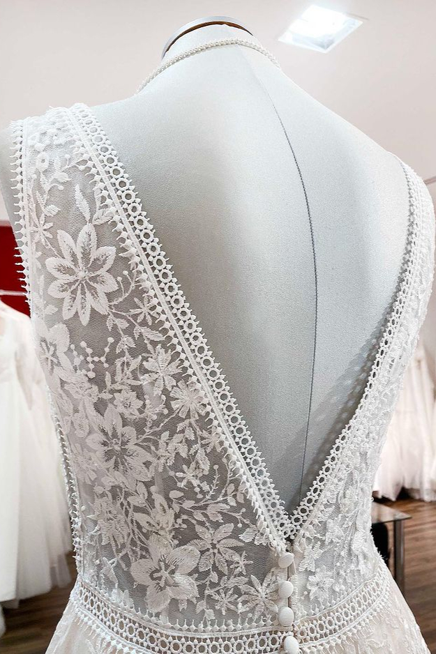 Brautkleider V Ausschnitt Mit Spitze | Creme Hochzeitskleider A Linie-Misshow.de