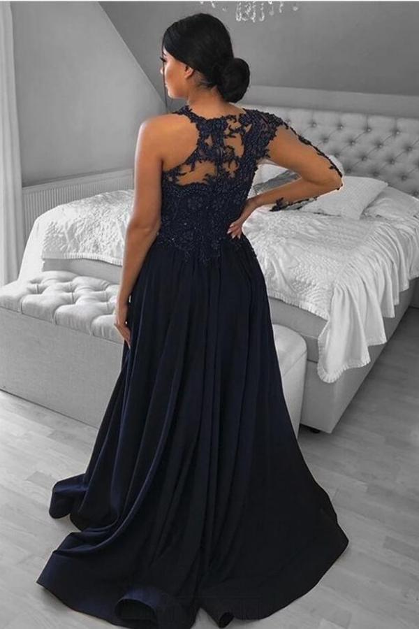 Navy Blau Abendkleider Mit Ärmel | Spitze Abiballkleider Lang Günstig