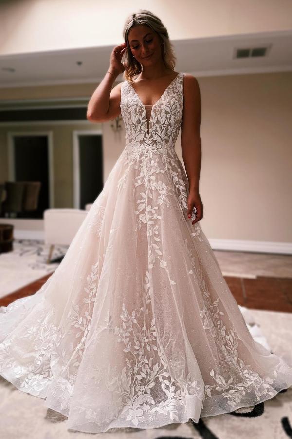 Designer Hochzeitskleider mit Glitzer | Brautkleider A Linie Spitze