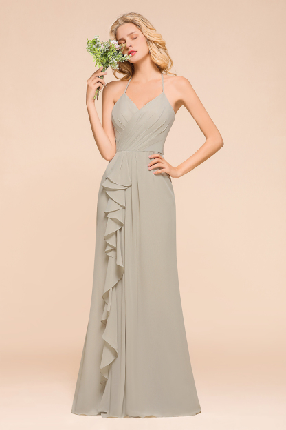 Silber Brautjungfernkleider Günstig | Hochzeitspartykleider Lang Chiffon