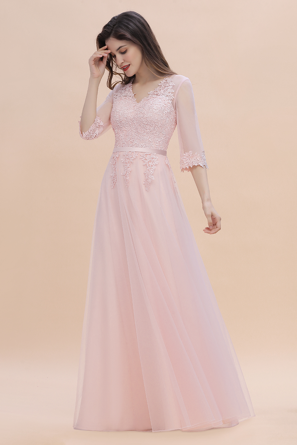 Brautjungfernkleider Lang Rosa | Chiffon Kleider Mit Spitzen Ärmel-Misshow.de