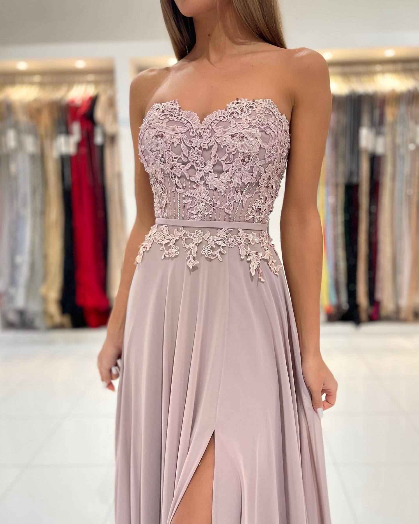 Dunsty Rosa Abendkleider Lang Chiffon | Abiballkleider mit Spitze