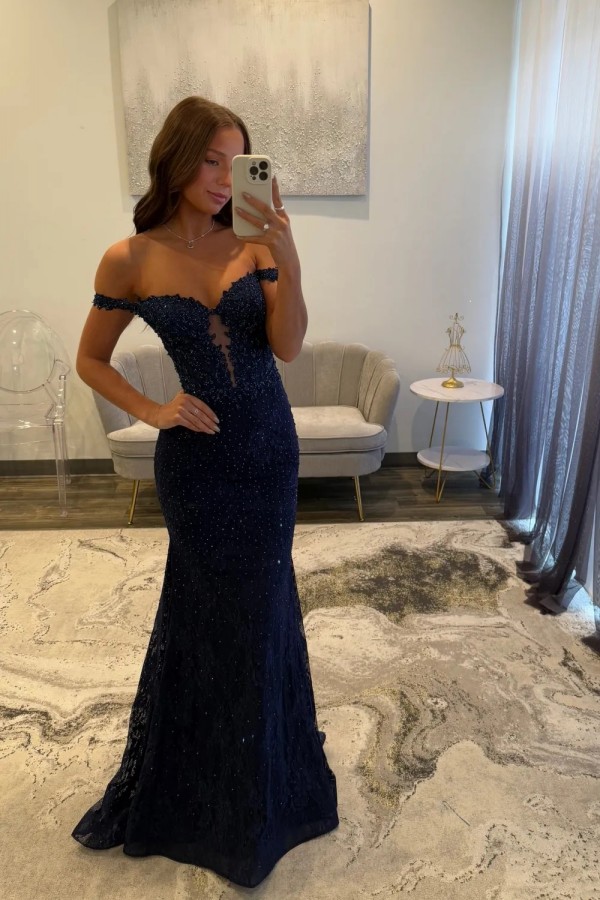 Navy Blaue Abendkleider Lang Spitze Ballkleider mit Glitzer