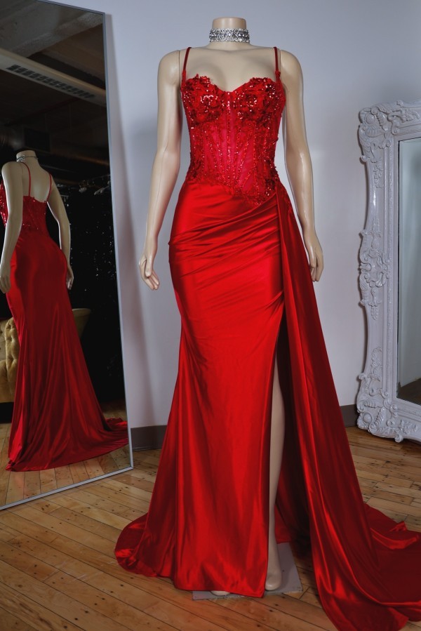 Rot Abendkleider Lang Träger Satin Bodenlang Abendmoden Abiballkleider Günstig
