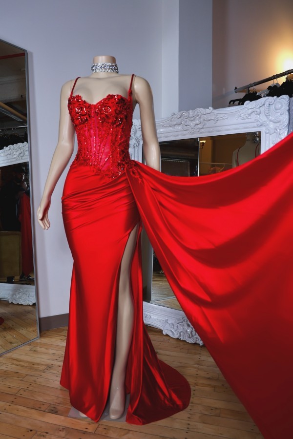 Rot Abendkleider Lang Träger Satin Bodenlang Abendmoden Abiballkleider Günstig
