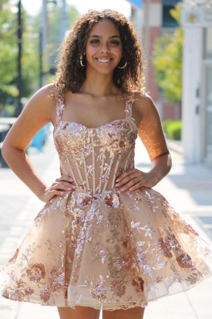 Champagner Abendkleider Kurz Glitzer Mini Cocktailkleider Partykleider Online-Misshow.de