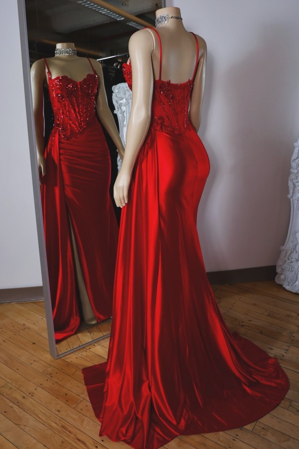 Rot Abendkleider Lang Träger Satin Bodenlang Abendmoden Abiballkleider Günstig