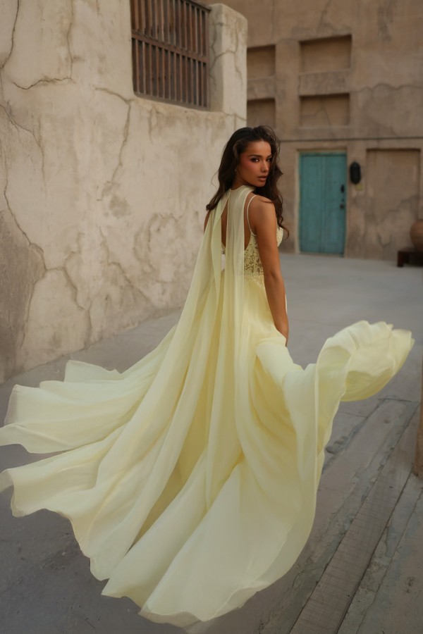 Neue Chiffon Ballkleid Lang Gelb Abendkleider mit Spitze